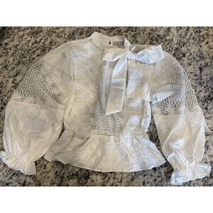 Story On Women’s White Sheer Lace Geometric Bell Sleeve Ruffle Neck Top Size S